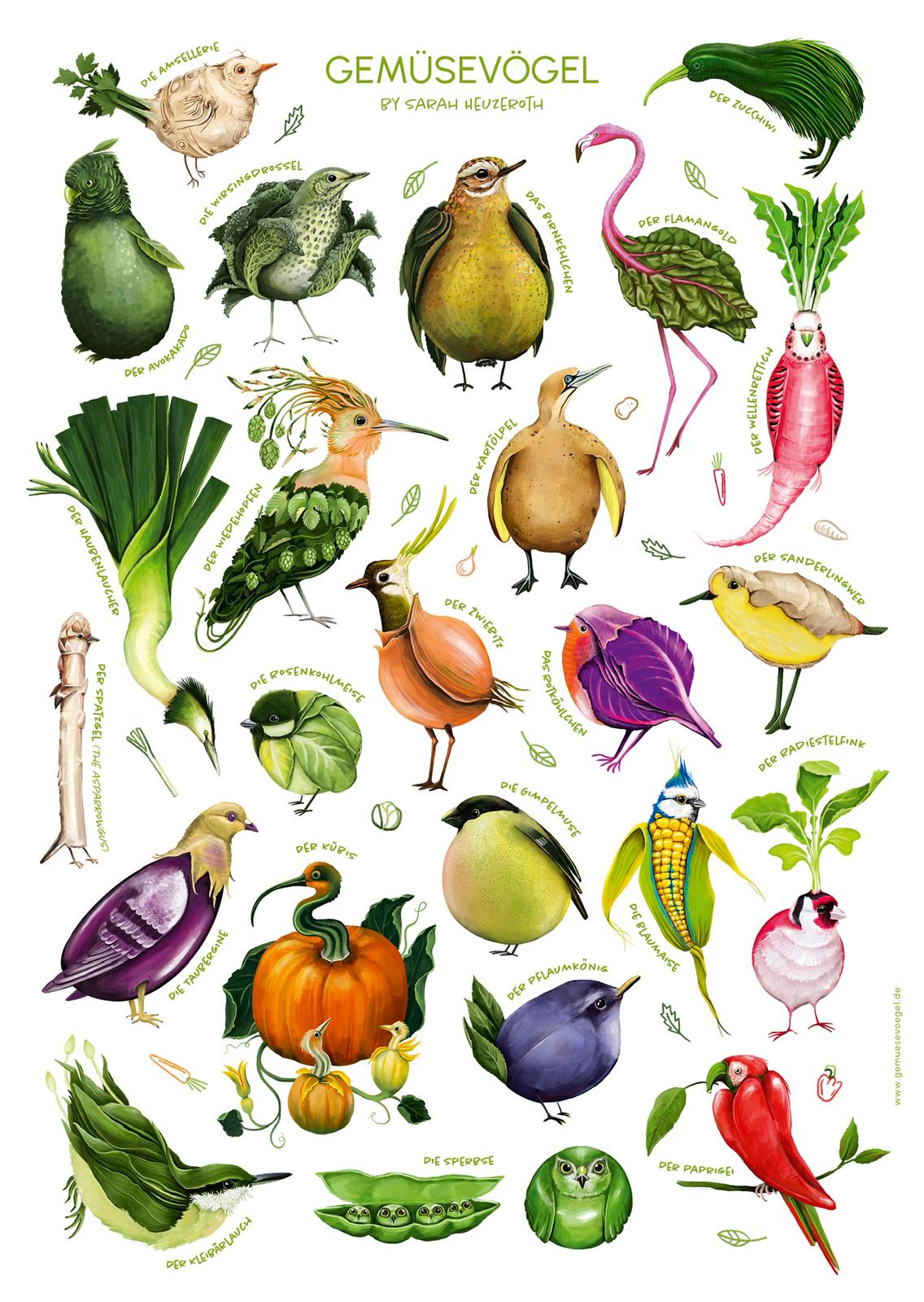 Gemüsevögel veggiebirds Collage Poster / Print DIN A2 Motiv 2