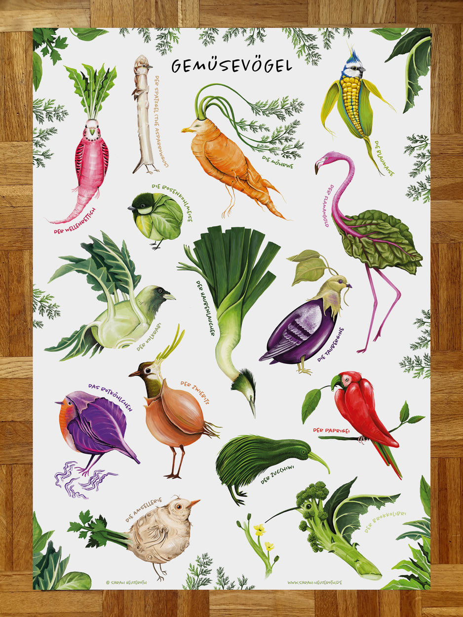 Gemüsevögel veggiebirds Collage Print DIN A3