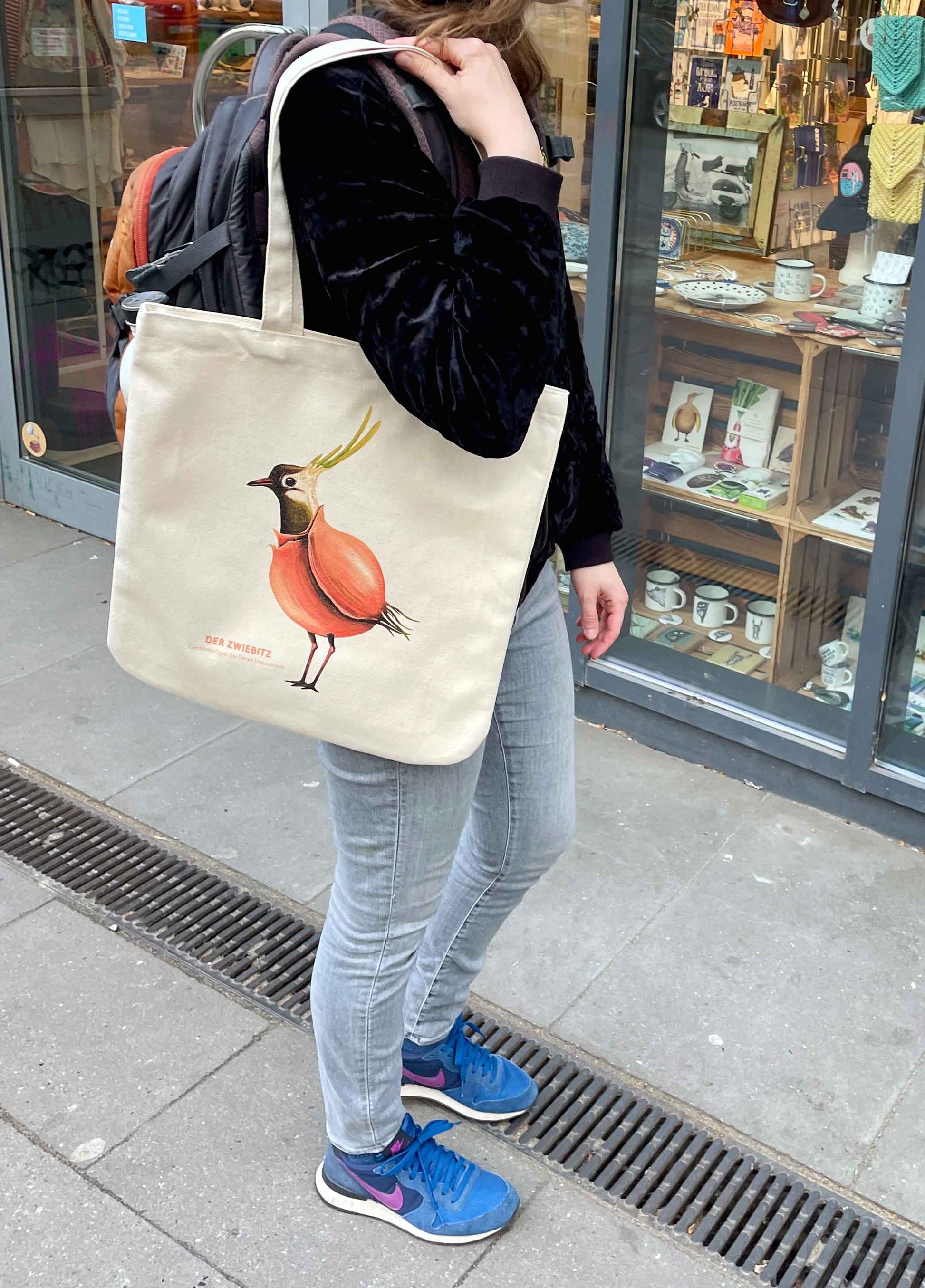 Einkaufstasche Tragetasche Gemüsevögel veggiebirds Tasche Zwiebitz Beispiel
