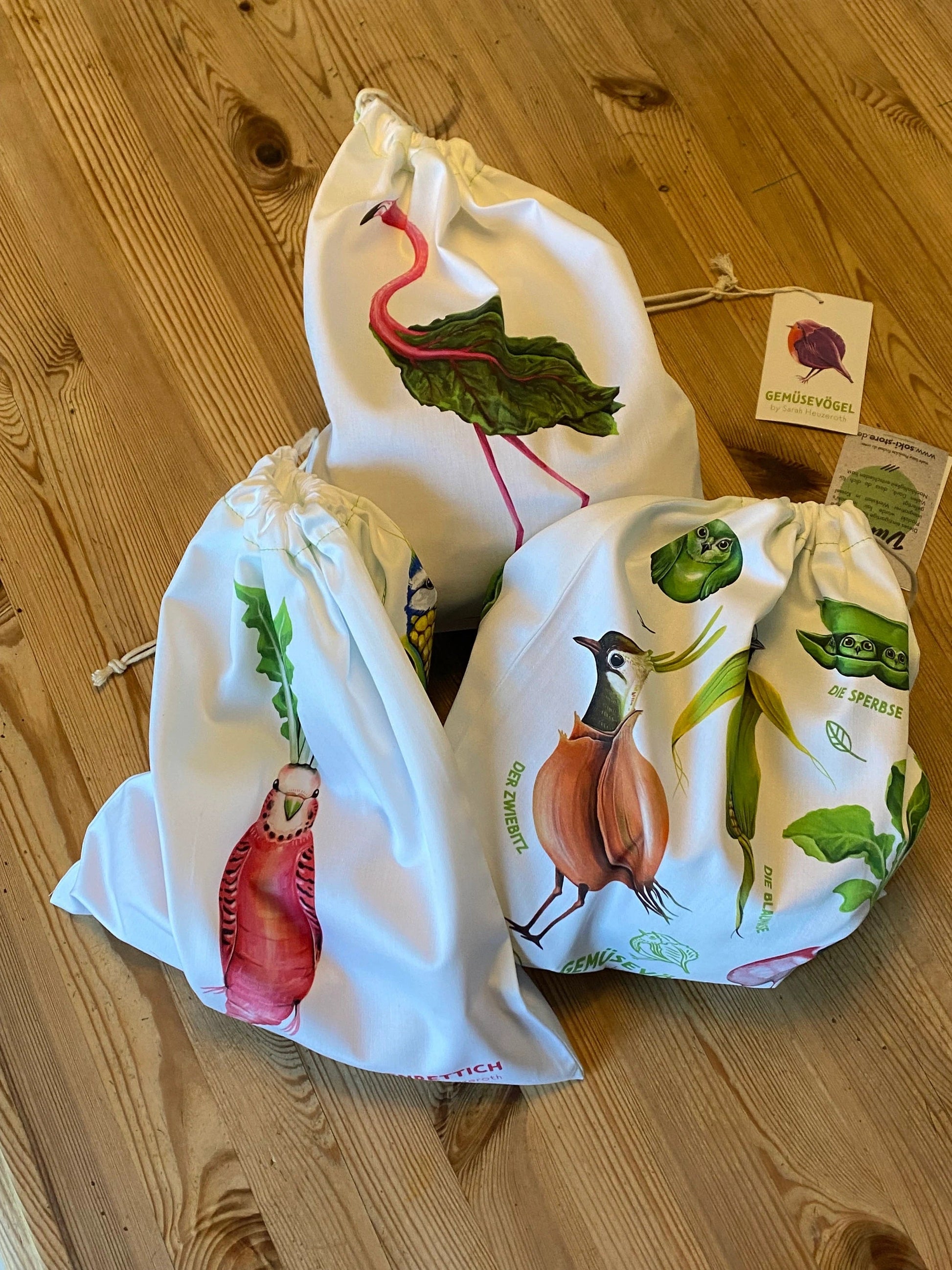 Gemüsebeutel Obstbeutel Gemüsevögel veggiebirds gefüllt