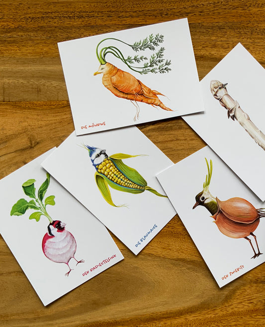 Postkarte Gemüsevögel